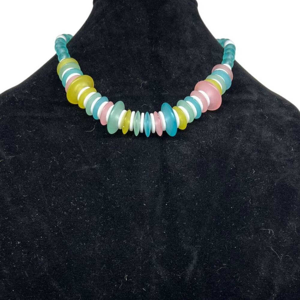 Vintage 80s Pastel Beaded Disc Statement Necklace Translucent Acrylic
